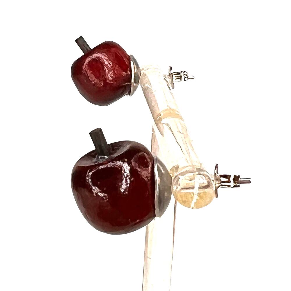 Pierced Wooden Apple Pair of Stud Earrings Carved Wood Country Style